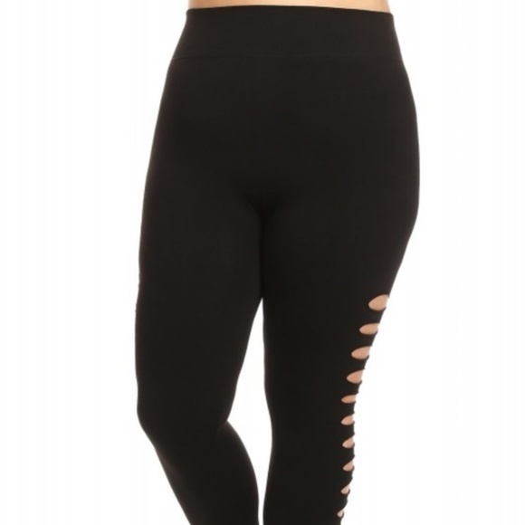 Plus Size Black Sexy Leggings w/ Cut Out Slits - Picture 4 of 4
